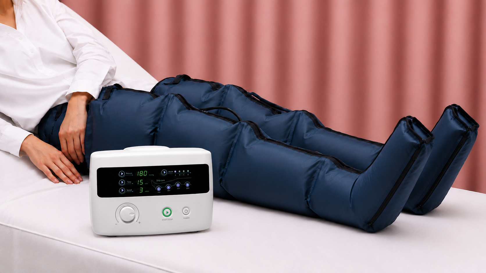 Pressotherapie bei Skin Revive mit Kompressionsmanschetten an den Beinen